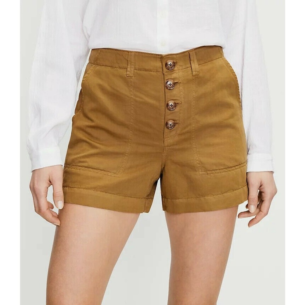 NEW Loft 18P Petite Green Tan Button Front Linen Shorts Minimalist Boho Preppy